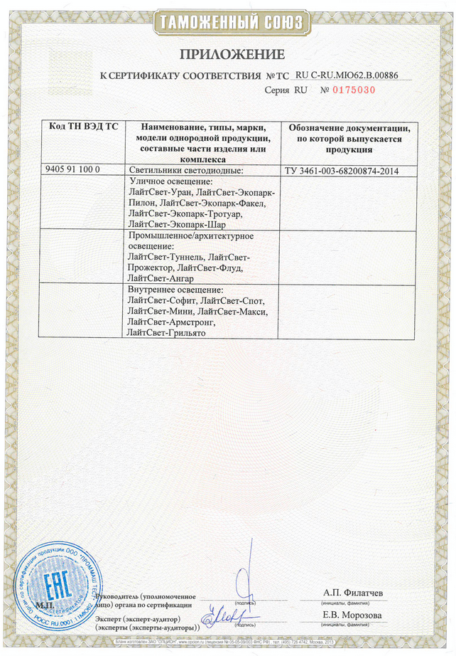 Сертификат ТС на продукцию LiteSvet стр 2