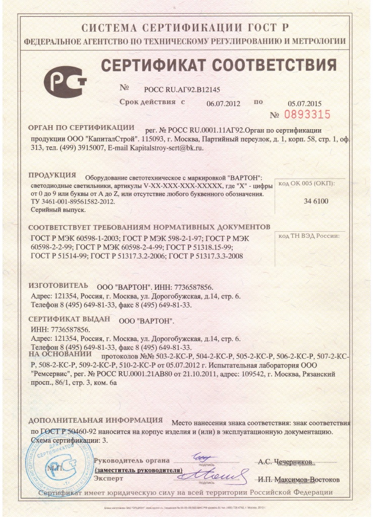 Сертификат Вартон РСТ до 07-2015