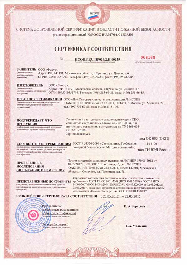 пожарный сертификат СПО